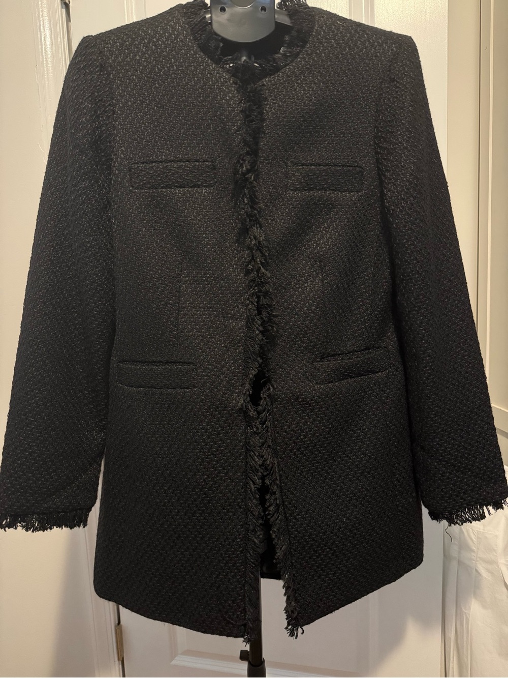 VENUS Black Textured Fringe-Trim Blazer Jacket